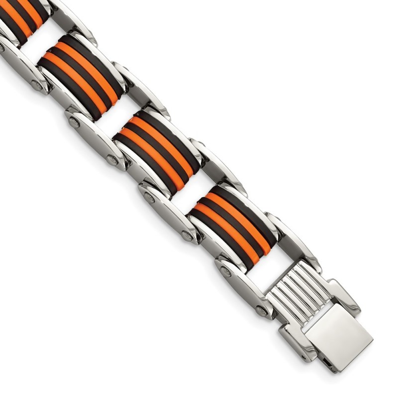 Stainless Steel 8.5in Polished with Polyurethane Black & Orange Bracelet