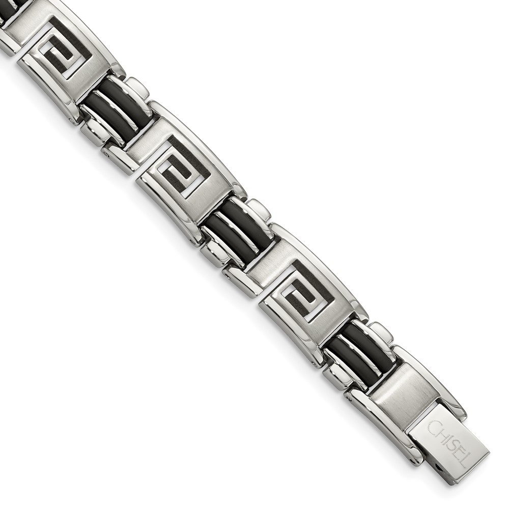 Stainless Steel 8.5in Brushed & Polished Black Rubber Greek Key Bracelet