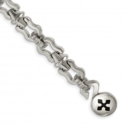 Stainless Steel Polished with Black Rubber Cross 8.5in Bracelet