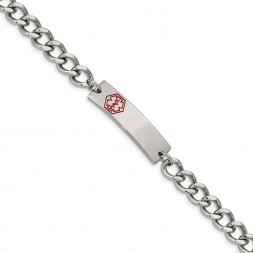 Stainless Steel Polished with Red Enamel 9.5in Medical ID Bracelet