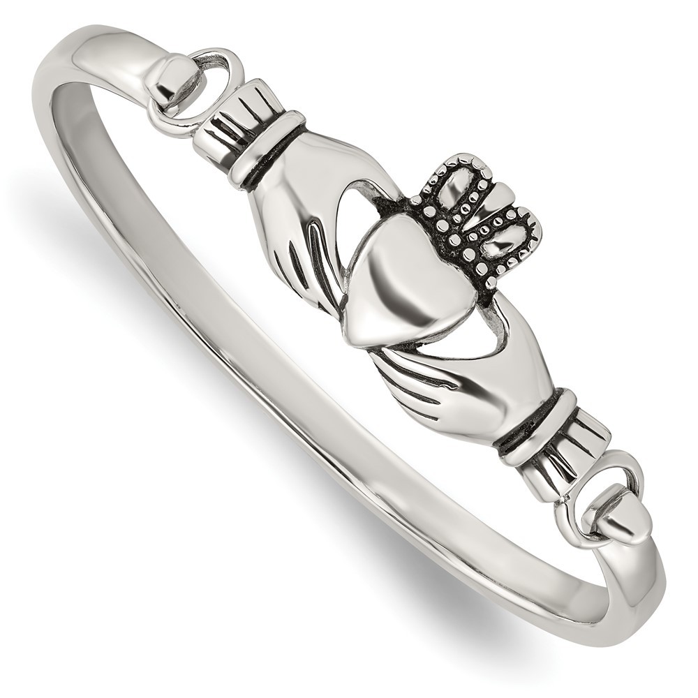 Stainless Steel Antiqued and Polished Claddagh Bangle