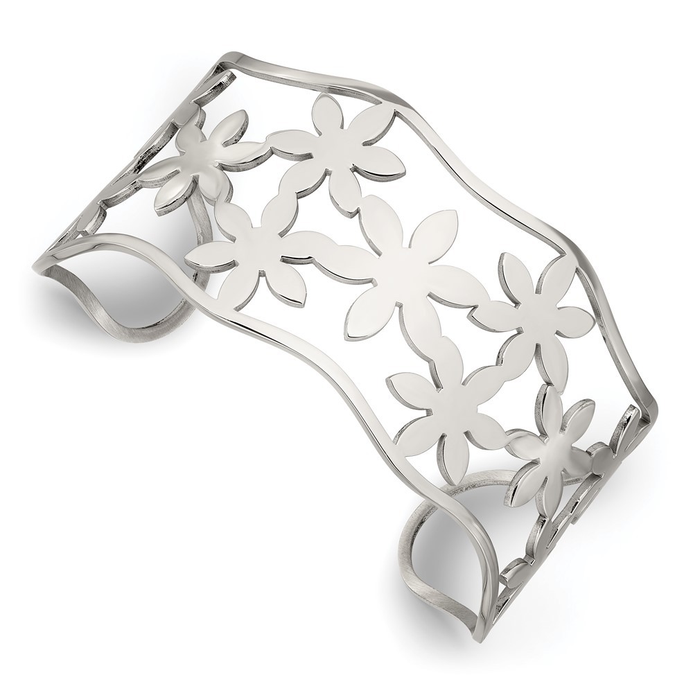 Stainless Steel Polished Flowers Cuff Bangle