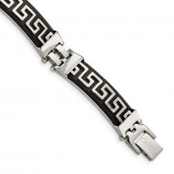 Stainless Steel 8in Polished with Black Rubber Greek Key Bracelet
