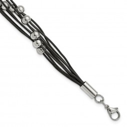 Stainless Steel Polished Beaded Multi-Strand Black Leather 8in Bracelet