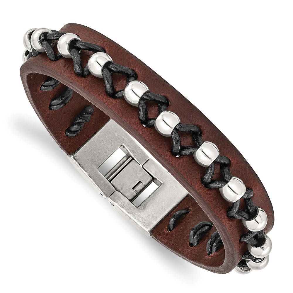 Stainless Steel Brown Leather with Polished Beads 8.5in Bracelet
