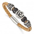 Stainless Steel Brushed & Polished Black IP Beads Leather 7.5in Bracelet