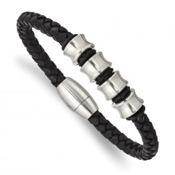Stainless Steel Brushed Black Leather 8.5in Bracelet