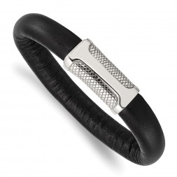 Stainless Steel Polished and Textured Black Leather 8.5in Bracelet