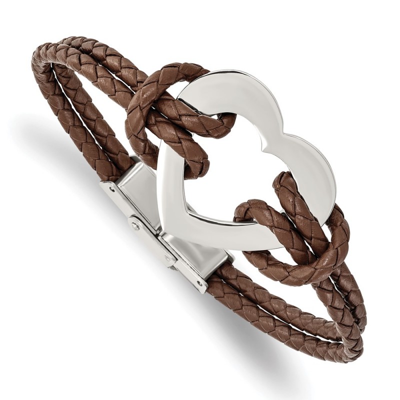 Stainless Steel Polished Heart Leather 7.5in Bracelet
