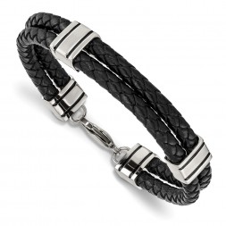 Stainless Steel Polished Braided Black Leather 9in Bracelet