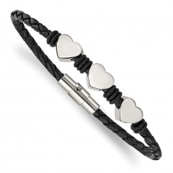 Stainless Steel Black Leather w/Polished Hearts 7.5in Bracelet