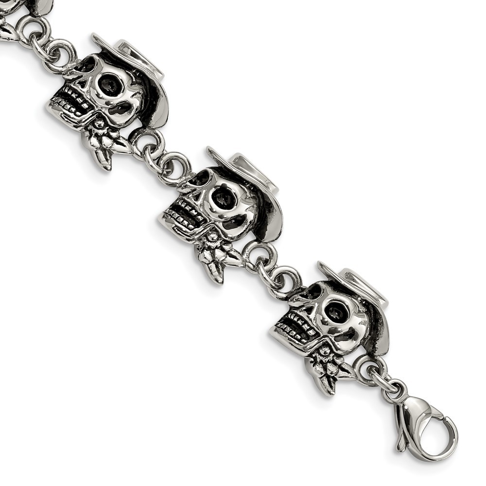 Stainless Steel Antiqued and Polished Pirates Skulls 8.5in Bracelet