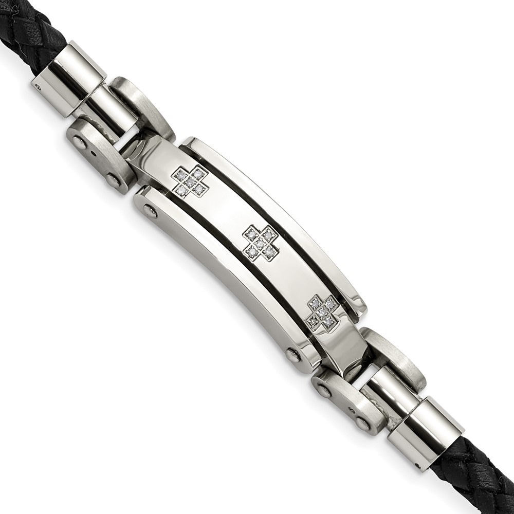 Stainless Steel Polished w/Black Leather & Diamond Crosses 8.25in Bracelet