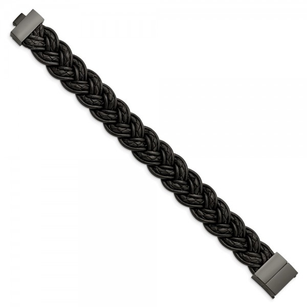 Stainless Steel Polished Black IP-plated Black Leather 8in Bracelet