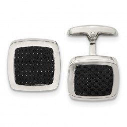 Stainless Steel Polished Black Carbon Fiber Inlay Rounded Square Cufflinks