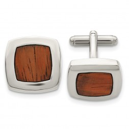 Stainless Steel Polished Koa Wood Inlay Rounded Square Cufflinks