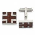 Stainless Steel Polished w/Cherry Wood Inlay Cross Design Square Cufflinks