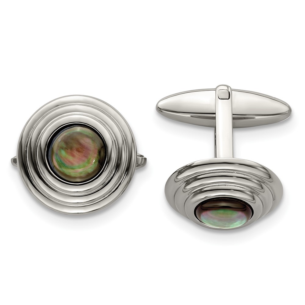 Stainless Steel Polished Black Mother of Pearl Circle Cufflinks