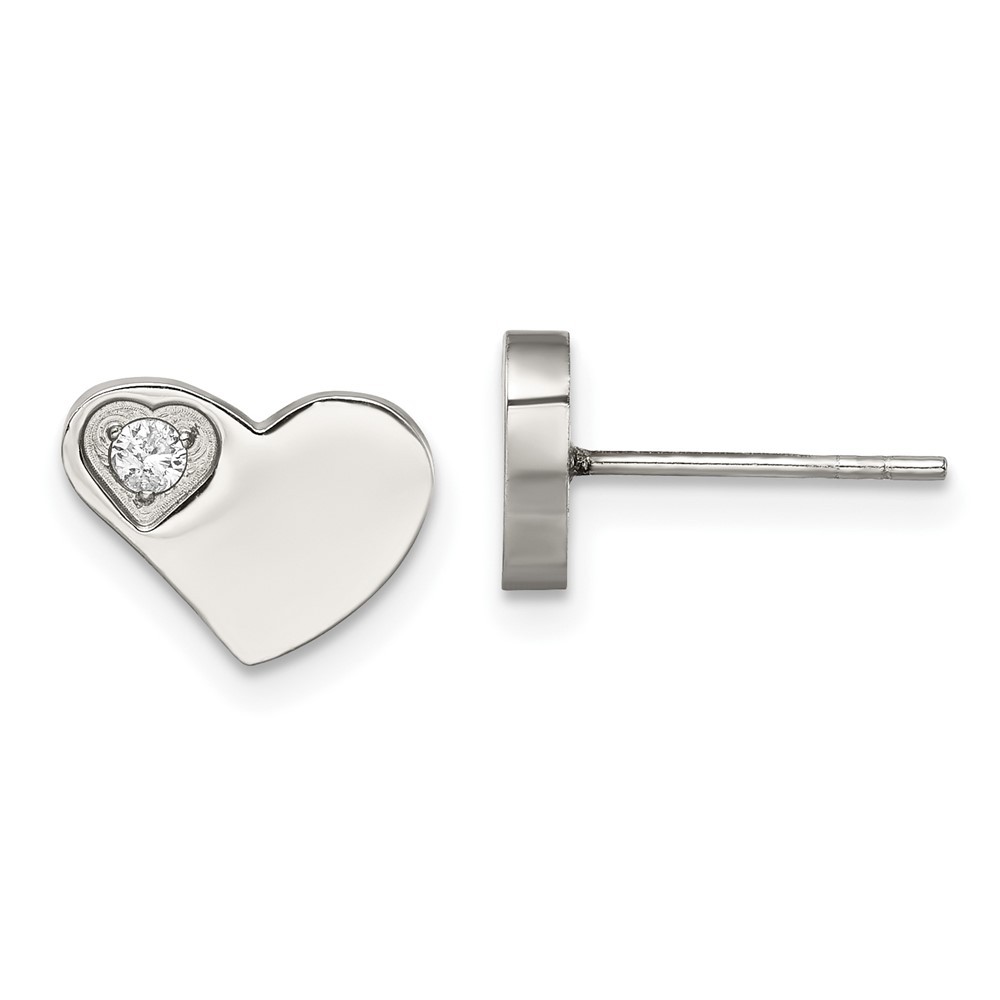 Stainless Steel Polished w/CZ Heart Post Earrings