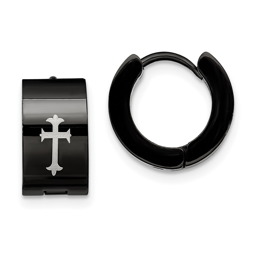 Stainless Steel Black IP-plated 7mm Hinged Hoop w/Cross Earrings