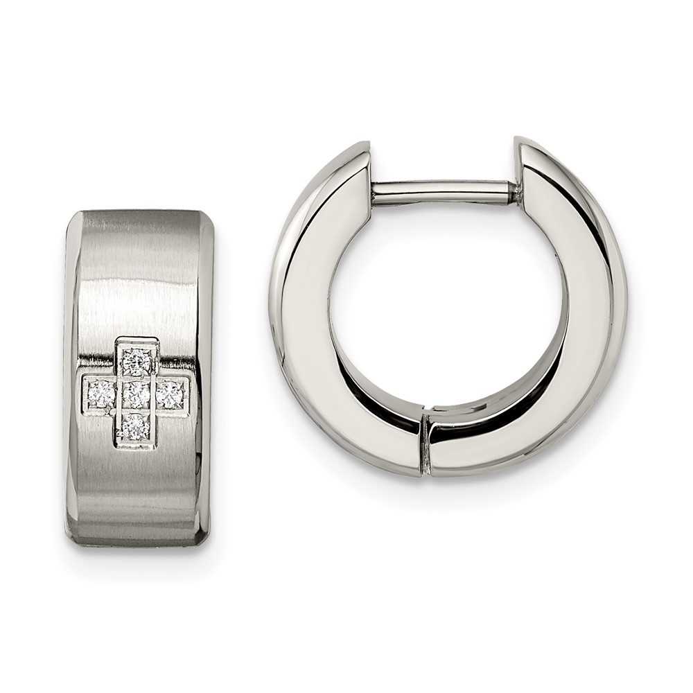 Stainless Steel Brushed and Polished w/CZ 6mm Hinged Hoop Earrings
