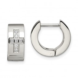 Stainless Steel Brushed and Polished w/CZ Cross 6mm Hinged Hoop Earrings