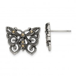 Stainless Steel Antiqued and Polished Marcasite Butterfly Post Earrings