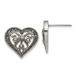Stainless Steel Antiqued Polished & Textured Marcasite Heart Post Earrings