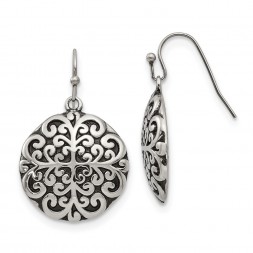 Stainless Steel Antiqued and Polished Circle Dangle Earrings