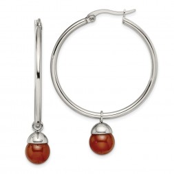 Stainless Steel Polished w/Red Agate Bead Hoop Earrings