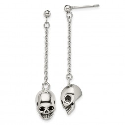 Stainless Steel Antiqued and Polished Skull Post Dangle Earrings