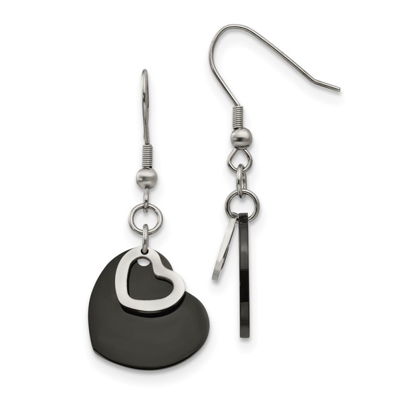 Stainless Steel Polished Black IP-plated Heart Dangle Earrings