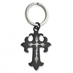 Stainless Steel Polished Black IP-plated Cross Key Ring