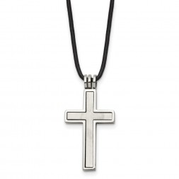 Stainless Steel Brushed & Polished Cross Leather Cord Necklace