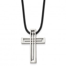 Stainless Steel Polished Cross with 18in Leather Cord Necklace