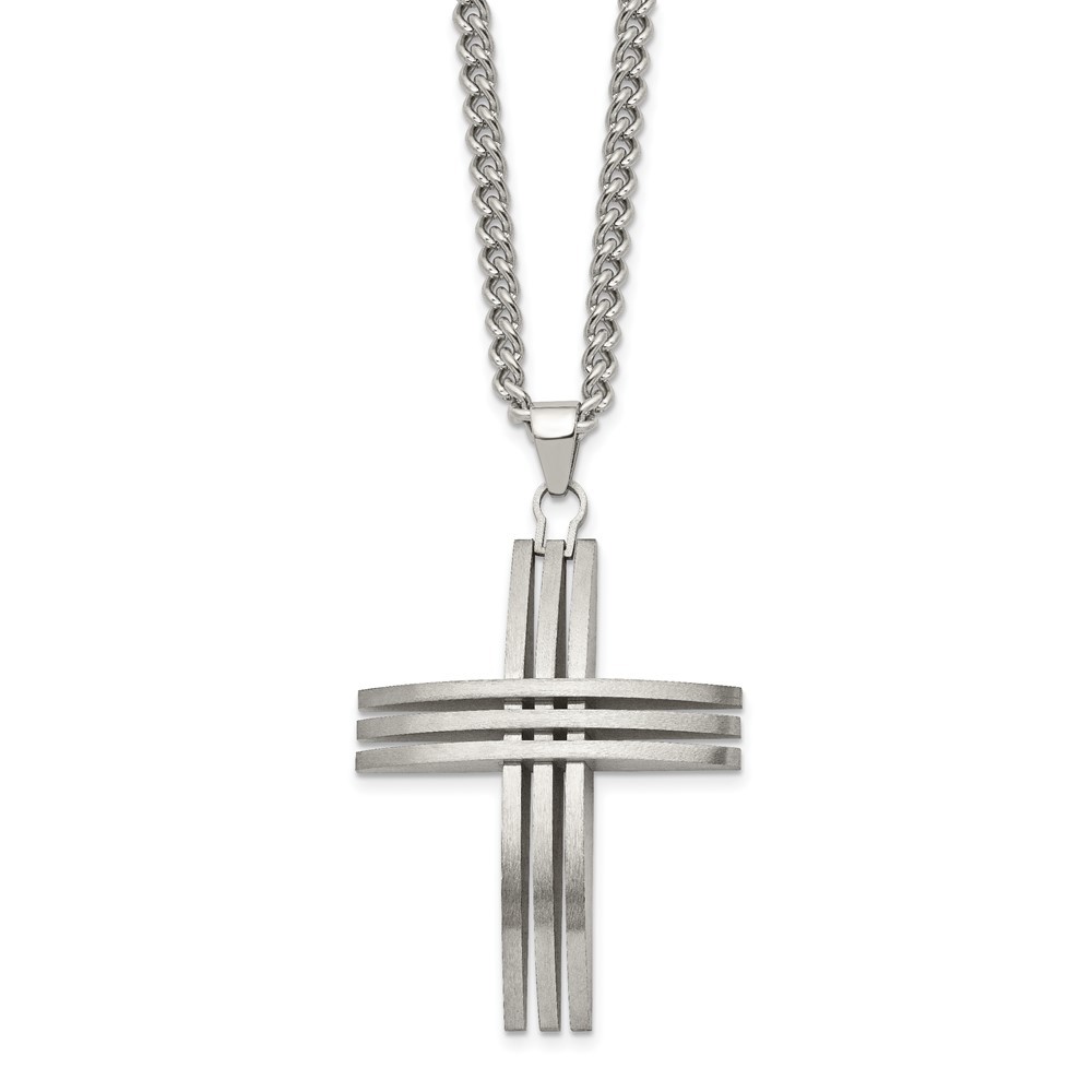 Stainless Steel Brushed Cross 24in Necklace