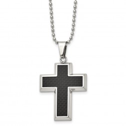 Stainless Steel Polished w/Carbon Fiber Inlay Cross 22in Necklace