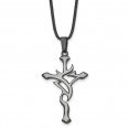 Stainless Steel Brushed & Polished Black IP Cross 18in Leather Necklace