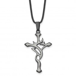 Stainless Steel Brushed & Polished Black IP Cross 18in Leather Necklace