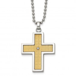 Stainless Steel Polished w/14k Gold Accent & .01ct Dia Cross 22in Necklace
