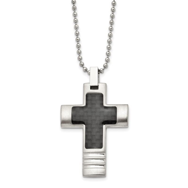 Stainless Steel Brushed & Polished w/Carbon Fiber Inlay Cross Necklace
