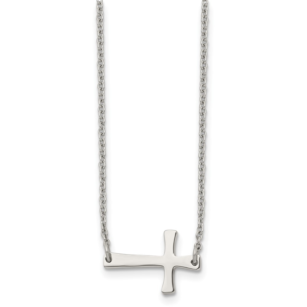 Stainless Steel Polished Sideways Cross 16in Necklace