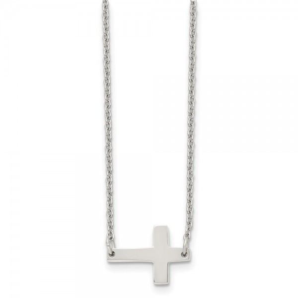 Stainless Steel Polished Sideways Cross 16in Necklace