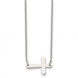 Stainless Steel Polished Sideways Cross 17in Necklace