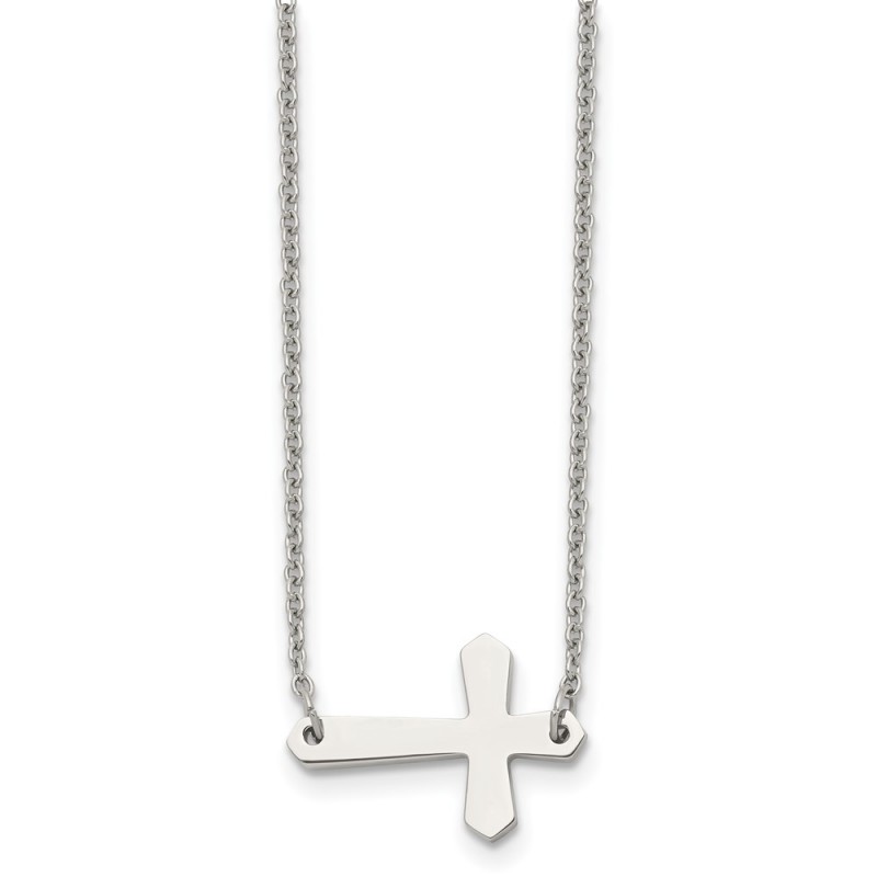 Stainless Steel Polished Sideways Cross 17in Necklace