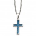 Stainless Steel Polished w/Blue Carbon Fiber Inlay Cross 20in Necklace