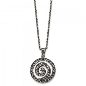 Stainless Steel Antiqued and Polished Marcasite Swirl 18in Necklace