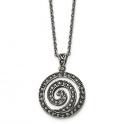 Stainless Steel Antiqued and Polished Marcasite Swirl 18in Necklace