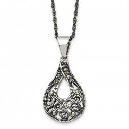 Stainless Steel Antiqued Polished & Textured Marcasite Teardrop Necklace