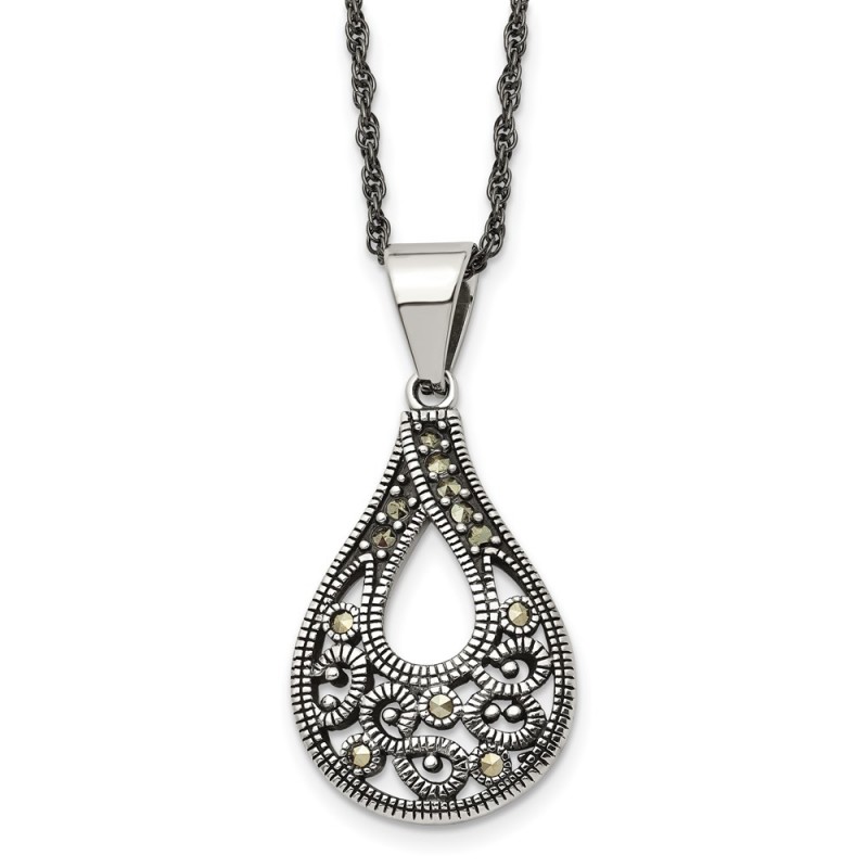 Stainless Steel Antiqued Polished & Textured Marcasite Teardrop Necklace
